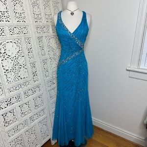 Cecily Brown Sequin Beaded Fairycore Blue Strapless V Neck Formal Prom Dress